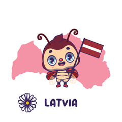National animal two spot ladybird holding the flag of Latvia. National flower daisy displayed on bottom left