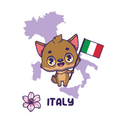 National animal wolf holding the flag of Italy. National flower lily displayed on bottom left