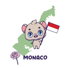 National animal mouse holding the flag of Monaco. National flower carnation displayed on bottom left