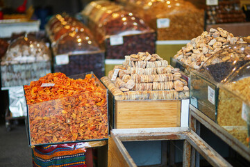 Delicious dry fruits on farmer market in Uskudar district, Asian side of Istanbul, Turkey