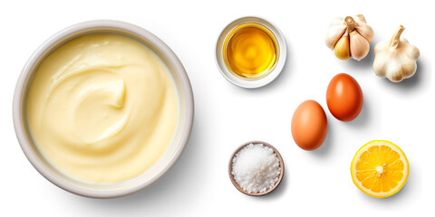 Aioli sauce ingredients Garlic, egg yolks, olive oil, and lemon juice, salt, transparent