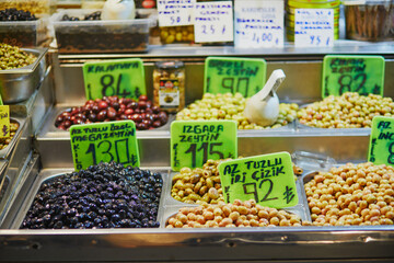 Marinated olives on street market in Uskudar, Asian side of Istanbul, Turkey