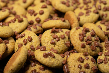 Chocolate cookie. Homemade chocolate chip cookies on a dark background. Pile cookies background. food background. Close up