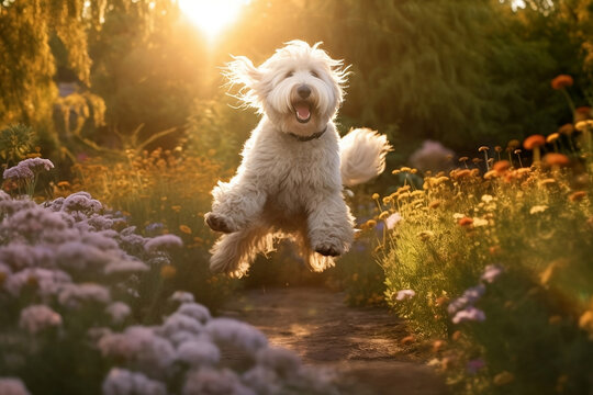 Big white fluffy dog jumping in the flower garden at sunset. Happy puppy outdoor activities. Generative AI.