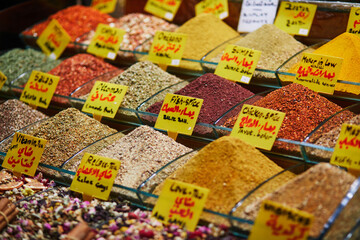 Fototapeta na wymiar Various sprices on Egyptian Bazaar or Spice Bazaar