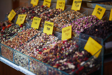 Dry fruits and herbal tea on Egyprian market in Eminonu district, European side of Istanbul, Turkey