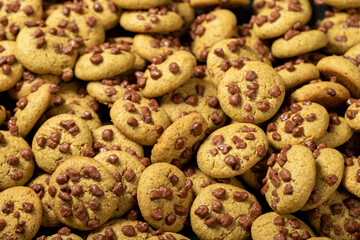 Chocolate cookie. Homemade chocolate chip cookies on a dark background. Pile cookies background. food background
