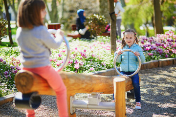 Two adorable preschooler girls having fun on seesaw in Gulhane park