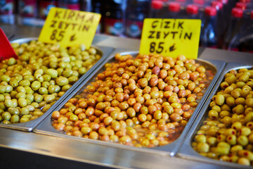 Marinated olives on street market in Uskudar, Asian side of Istanbul, Turkey