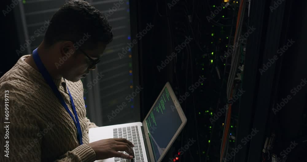 Poster Man in data center with laptop, coding and cybersecurity, network administration and engineer in digital storage. Tech employee, system maintenance and technician online in dark server room to code.