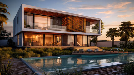 Obraz premium Generative ai illustration of external view on a contemporary house with swimming pool