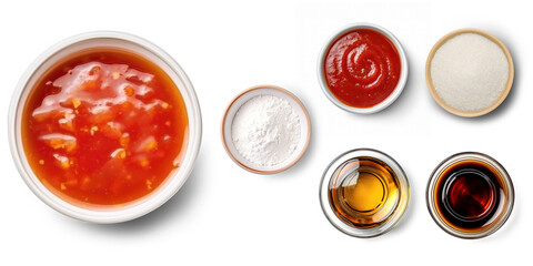 Sweet and Sour Sauce ingredients Vinegar, sugar, ketchup, soy sauce, and cornstarch, transparent