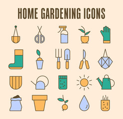 Simple gardening colored icons. Planting equipment, house plant