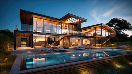 Generative ai illustration of external  view on a contemporary house with swimming pool