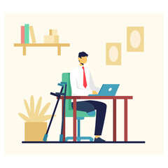 Cartoon man in office clothes, without leg sitting at table and working on laptop from home. Daily life of human with special needs concept. Flat vector illustration in blue and warm colors