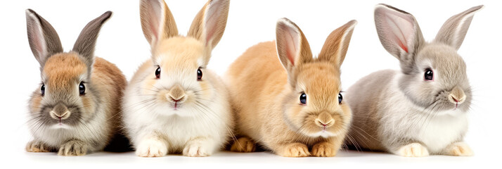 Four funny domestic rabbits isolated on a white background. Four rabbits are sitting next to each other and looking at the camera. Generative AI