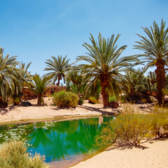 Fototapeta na wymiar an oasis in the desert with palm trees, bushes and flowers and a lake in the middle