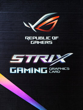 Kyiv, Ukraine - 27 January 2022: ASUS gaming logo of ROG on the box. Under the Republic of Gamers series, pro high quality video cards, motherboards, monitors, gaming keyboards and mice are produced.