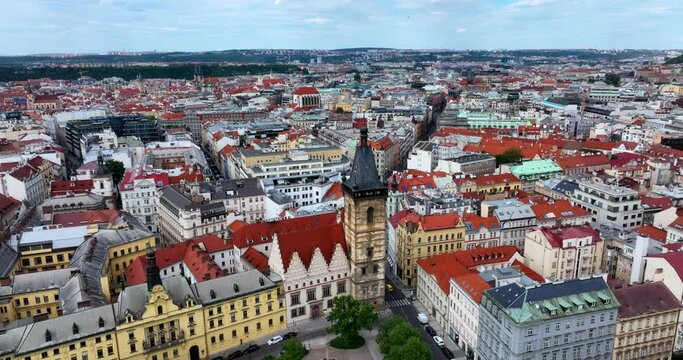 Aerial view Prague. Vltava river in Prague, Czech Republic. Prague city panorama. Panoramic view Prague old town. Drone flight over the europe city.