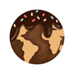 The globe is coated in chocolate and sprinkled with toppings.