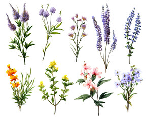 Fototapeta premium Drawn wild flowers on a white background.