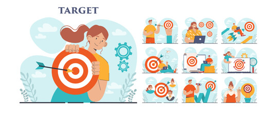 Target concept set. Ambitious characters aiming in target and shooting