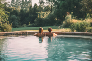 Couple swimming in pool, generative ai