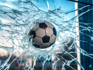 Football breaking a window glass, generative AI illustration
