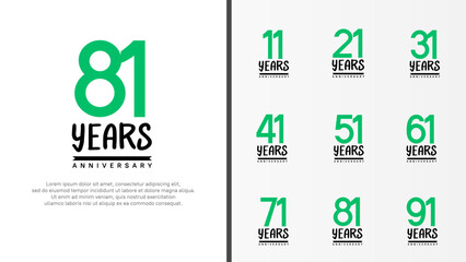 set of anniversary logo flat green color number and black on white background for celebration