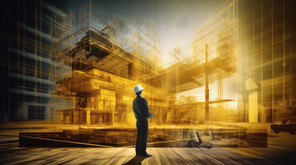 businessman construction worker architect urban building with scaffolding and crane- by generative ai