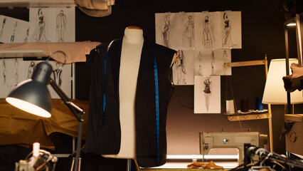 Tailoring mannequin and sketches in fashion atelier, tools used for manufacturing custom made clothes line. Human figure dummy with fabric, measuring tape and items for sewing process.