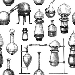 Sketched glass equipment background for perfumery and cosmetics making. Chemicals and alchemy glassware seamless pattern. Perfume bottles, jars, flasks drawings in engraved style. Vintage texture - obrazy, fototapety, plakaty