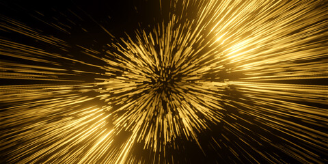 Abstract 3D illustration of glowing bright yellow golden neon light streaks in motion. Visualization of data transfer, rapid supernova explosion big bang or cyberspace on black background