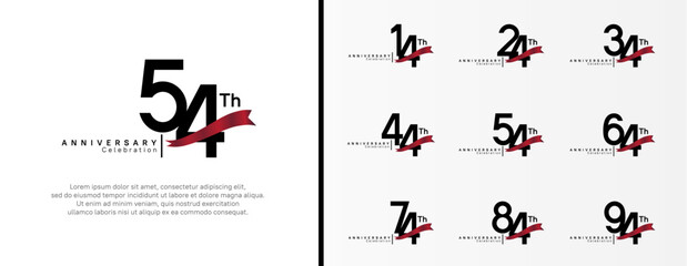 set of anniversary logo flat black color number and red ribbon on white background for celebration
