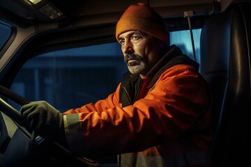 Professional Lorry driver. Truck driver man sitting in cabin. Generative AI