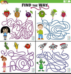 find the way maze games set with cartoon kids and characters