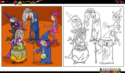 comic witches fantasy characters group coloring page