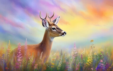 Deer in the colorful flowers field. Generative AI.