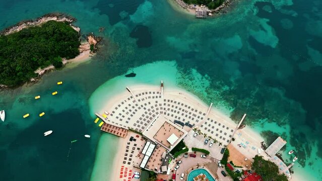 Aerial view of tropical beach in Ksamil Islands with turquoise water, Albania. Exotic paradise coastline. Panorama Balkan coast on Ionian sea. 