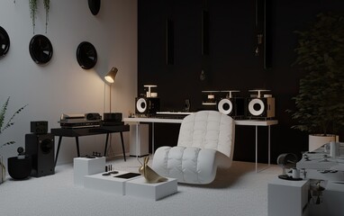 Modern living room with music equipment. Generative AI.