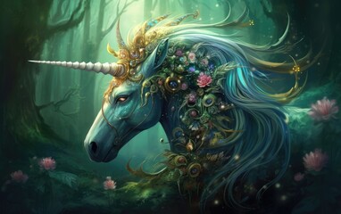 Fototapeta na wymiar Unicorn horse with the flowers at jungle background. Generative AI.