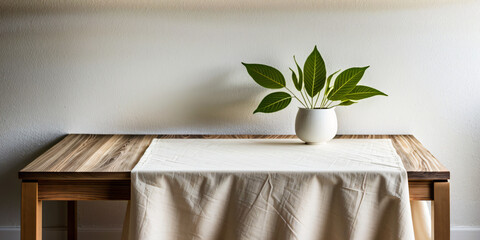 Table countertop with beige linen tablecloth leaf on table ideal for product presentation
