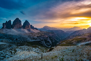 Epic view from Sextner Stein on Tre Cime mountain range in the evening. Tre Cime, Dolomites, South Tirol, Italy, Europe.