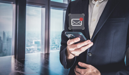 New email alert on laptop, communication connection message to global letters in the workplace.