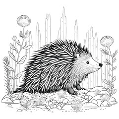 hedgehog in the forest for kids black and white