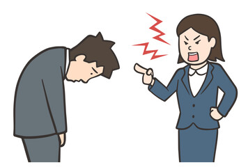 怒る女性と謝る男性、スーツの会社員