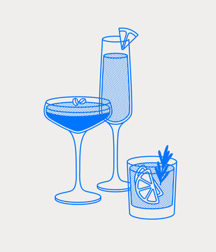 recommend clip art: Espresso martini, mimosa, and gin tonic. Line art, retro. Vector illustration for bars, cafes, and restaurants.