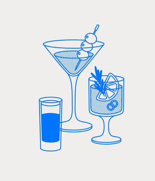 Martini, Paloma cocktails, and a short drink. Line art, retro. Vector illustration for bars, cafes, and restaurants.