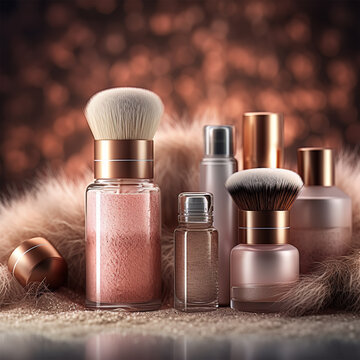 Cosmetic products with furry background and sparkles