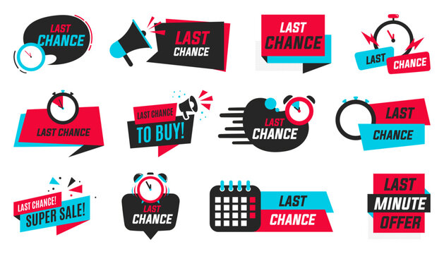 Last chance promo banners collection with speaker icons and clock. Promotion sale sticker